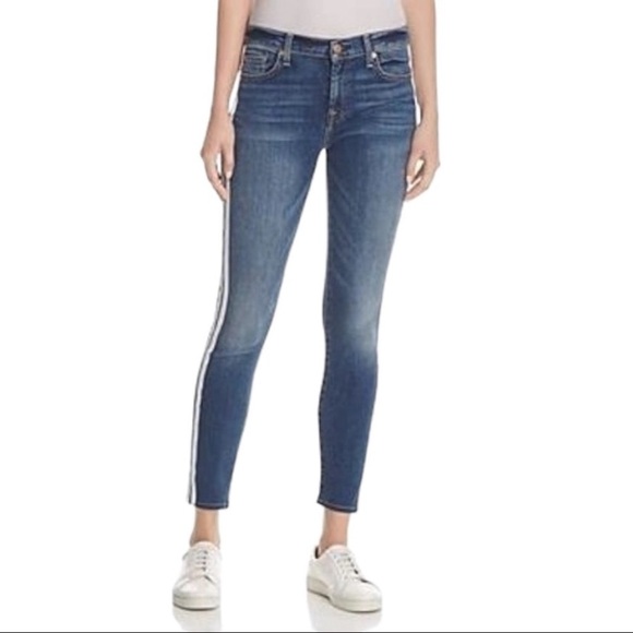 7FAM The Ankle Skinny Jeans White Side Stripes Raw Hem Blue Size 25 - Picture 1 of 15